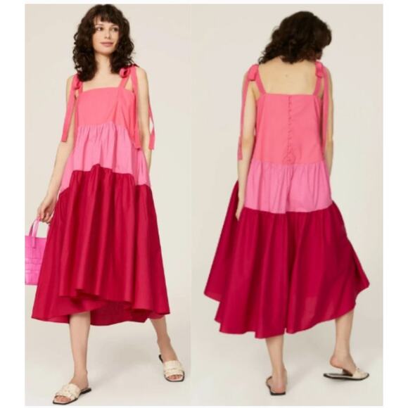 Peter Som 3 Tier Color Block Pink Oversized Flowy Midi Dress size 10 - Picture 1 of 9